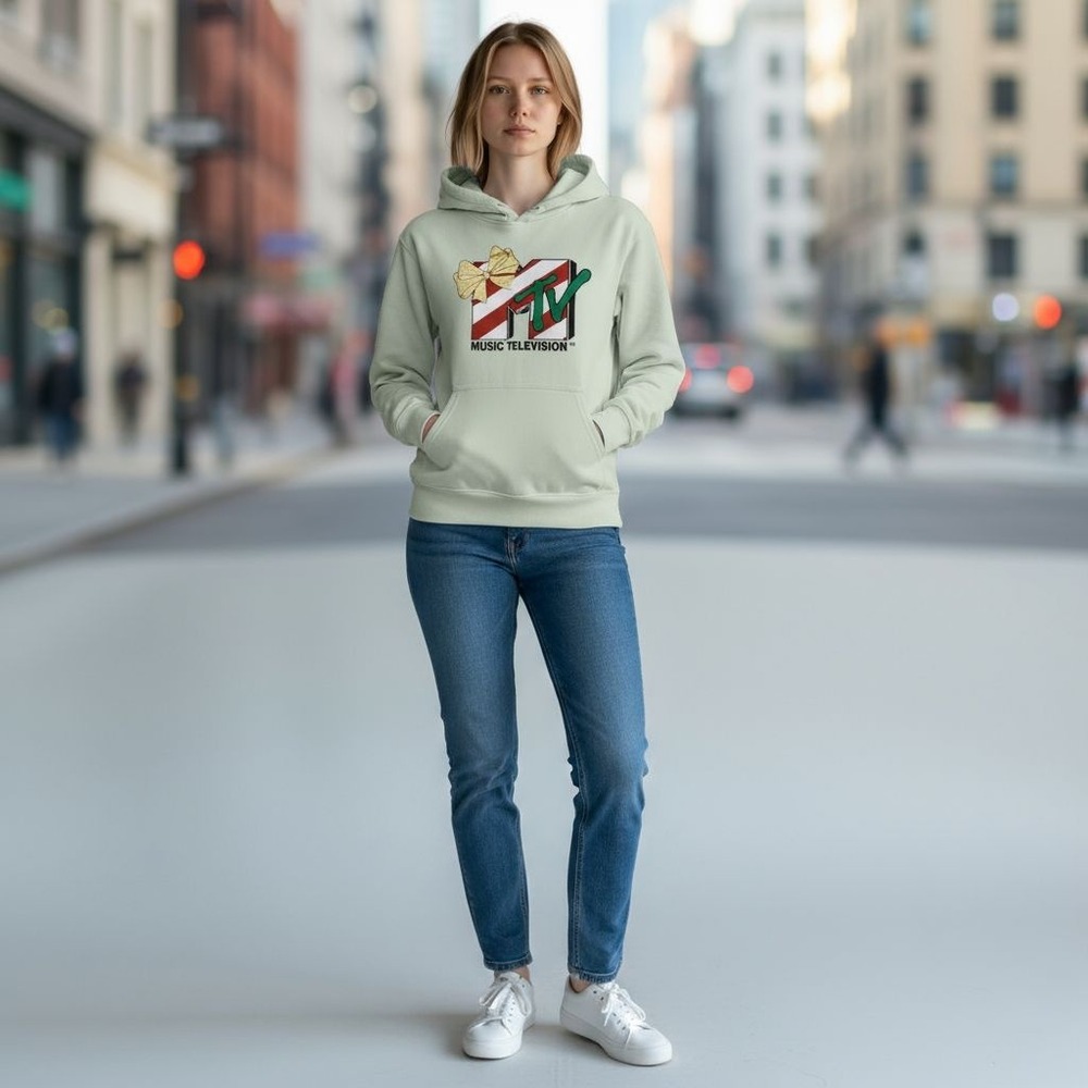 MTV‎ Hoodie Womens XS Aqua Gray Music Television Holiday Candy Cane Glitter